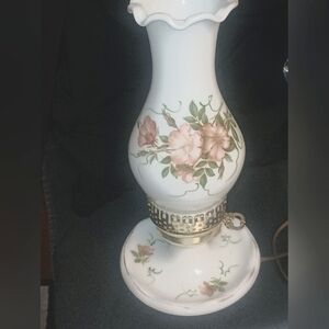 VNT.(2) Milk Glass Hurricane Table Lamps,Electric,Pink Wild Rose Hand Painted.